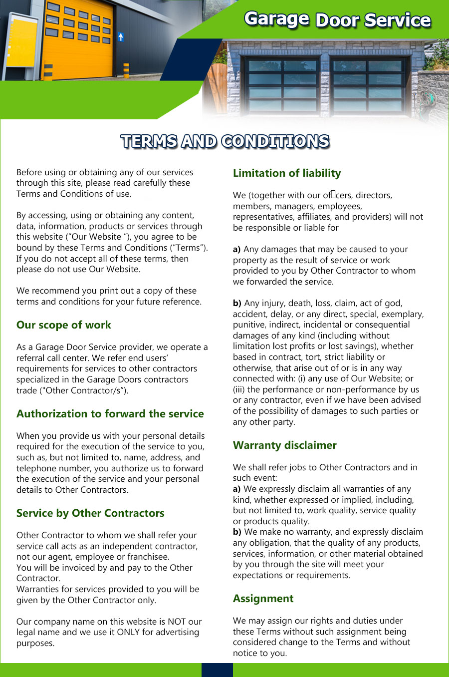 Terms And Conditions Garage Door Shop Repairs